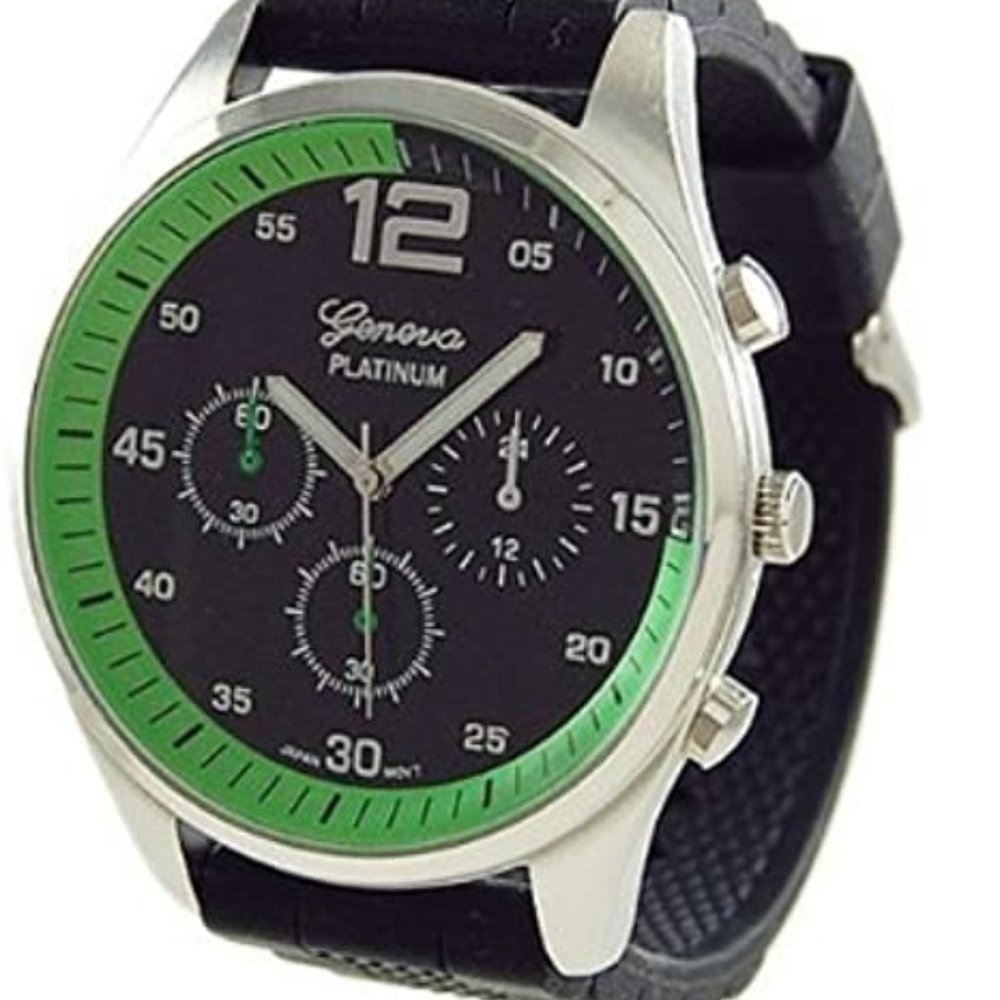 Geneva Platinum 7879 Men's Decorative Chronograph Silicone Watch- Blk/Green